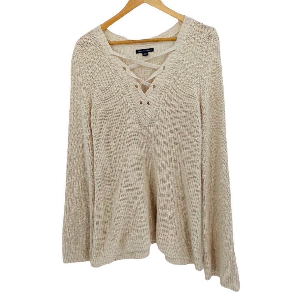 American Eagle beige lace up detail v-neck with bell sleeve sweater size medium